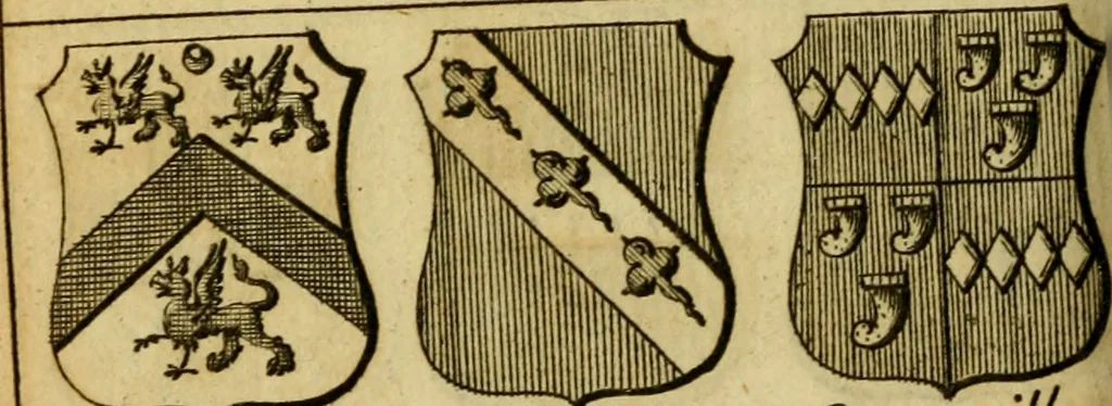 An illustration from The peerage of England : a complete view of the several orders of nobility ... together with an introduction, shewing the high and illustrious extraction of our most gracious sovereign: also an historical account of all the offices of state, usually filled by the nobility, the arms of the all the Lords spiritual and temporal, three useful plates teaching the art of heraldry, &c. &c. &c., 1766, leaf 47