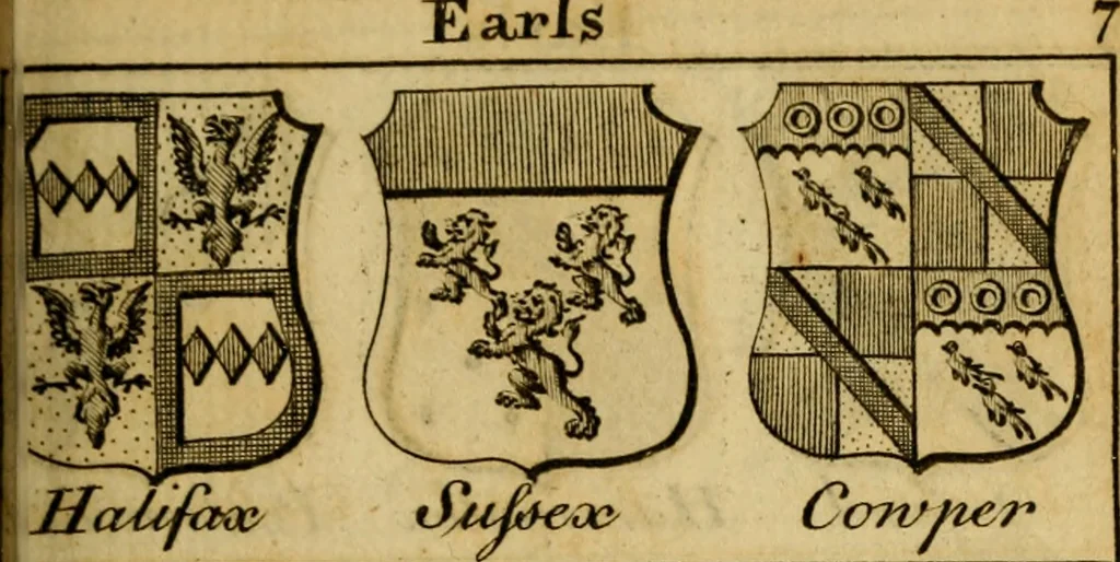 An illustration from The peerage of England : a complete view of the several orders of nobility ... together with an introduction, shewing the high and illustrious extraction of our most gracious sovereign: also an historical account of all the offices of state, usually filled by the nobility, the arms of the all the Lords spiritual and temporal, three useful plates teaching the art of heraldry, &c. &c. &c., 1766, leaf 48