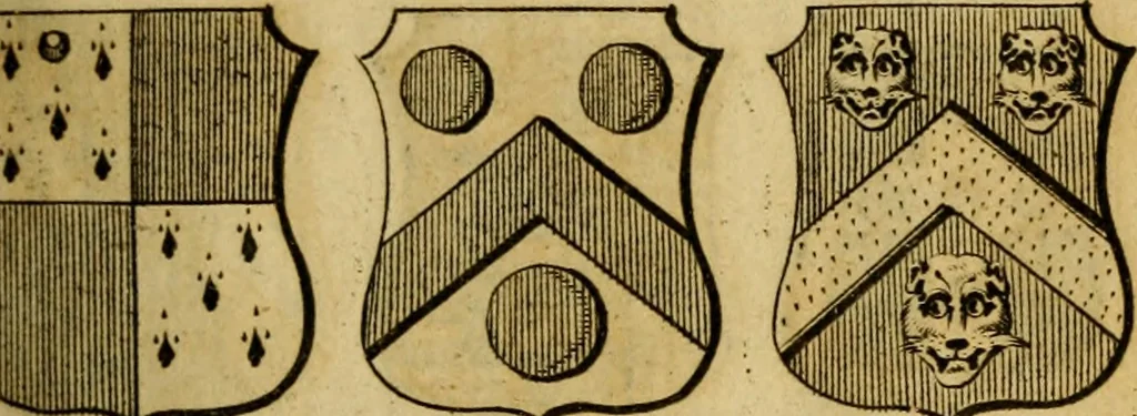 An illustration from The peerage of England : a complete view of the several orders of nobility ... together with an introduction, shewing the high and illustrious extraction of our most gracious sovereign: also an historical account of all the offices of state, usually filled by the nobility, the arms of the all the Lords spiritual and temporal, three useful plates teaching the art of heraldry, &c. &c. &c., 1766, leaf 48