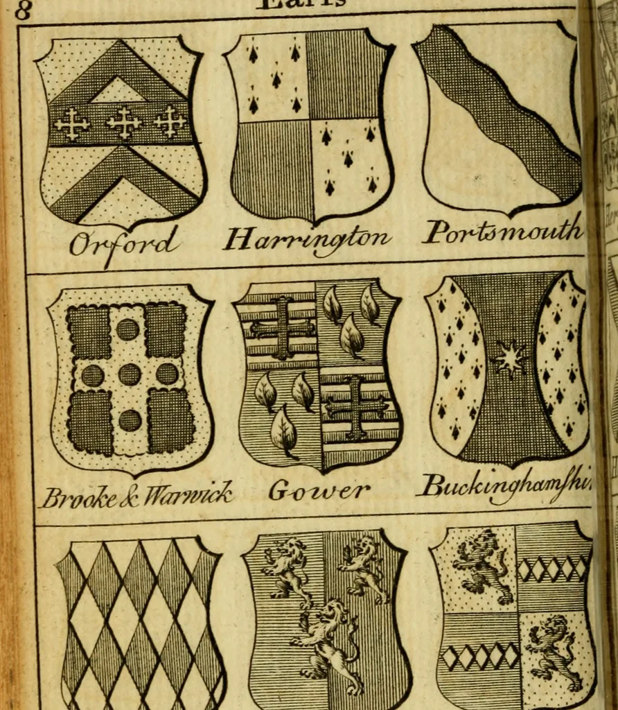 An illustration from The peerage of England : a complete view of the several orders of nobility ... together with an introduction, shewing the high and illustrious extraction of our most gracious sovereign: also an historical account of all the offices of state, usually filled by the nobility, the arms of the all the Lords spiritual and temporal, three useful plates teaching the art of heraldry, &c. &c. &c., 1766, leaf 49