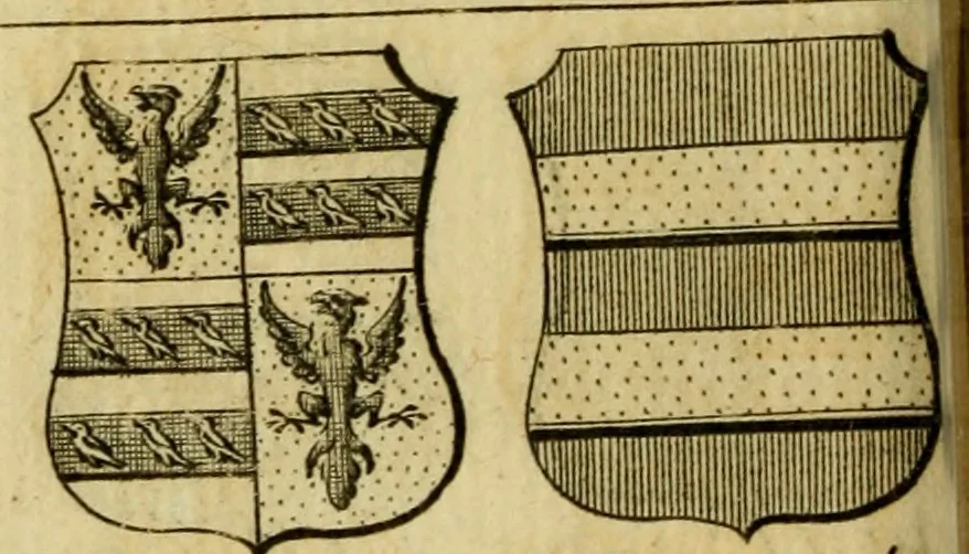 An illustration from The peerage of England : a complete view of the several orders of nobility ... together with an introduction, shewing the high and illustrious extraction of our most gracious sovereign: also an historical account of all the offices of state, usually filled by the nobility, the arms of the all the Lords spiritual and temporal, three useful plates teaching the art of heraldry, &c. &c. &c., 1766, leaf 49