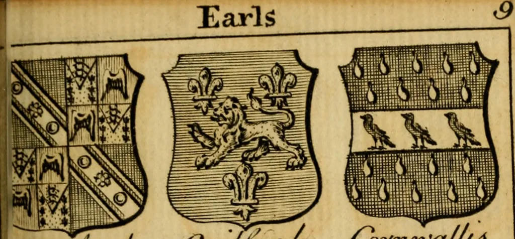 An illustration from The peerage of England : a complete view of the several orders of nobility ... together with an introduction, shewing the high and illustrious extraction of our most gracious sovereign: also an historical account of all the offices of state, usually filled by the nobility, the arms of the all the Lords spiritual and temporal, three useful plates teaching the art of heraldry, &c. &c. &c., 1766, leaf 50