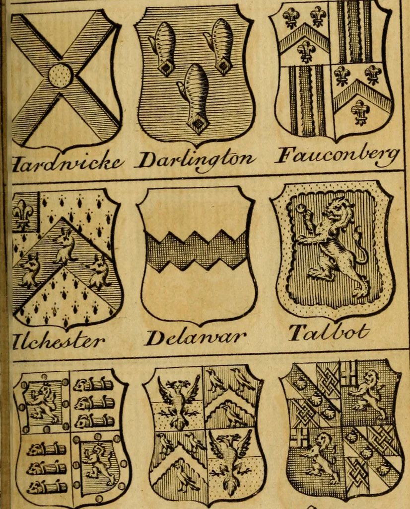 An illustration from The peerage of England : a complete view of the several orders of nobility ... together with an introduction, shewing the high and illustrious extraction of our most gracious sovereign: also an historical account of all the offices of state, usually filled by the nobility, the arms of the all the Lords spiritual and temporal, three useful plates teaching the art of heraldry, &c. &c. &c., 1766, leaf 50