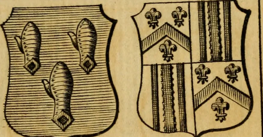 An illustration from The peerage of England : a complete view of the several orders of nobility ... together with an introduction, shewing the high and illustrious extraction of our most gracious sovereign: also an historical account of all the offices of state, usually filled by the nobility, the arms of the all the Lords spiritual and temporal, three useful plates teaching the art of heraldry, &c. &c. &c., 1766, leaf 50