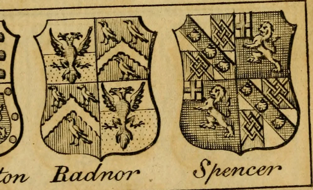 An illustration from The peerage of England : a complete view of the several orders of nobility ... together with an introduction, shewing the high and illustrious extraction of our most gracious sovereign: also an historical account of all the offices of state, usually filled by the nobility, the arms of the all the Lords spiritual and temporal, three useful plates teaching the art of heraldry, &c. &c. &c., 1766, leaf 50