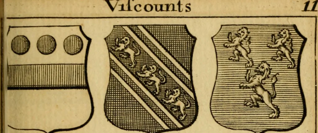 An illustration from The peerage of England : a complete view of the several orders of nobility ... together with an introduction, shewing the high and illustrious extraction of our most gracious sovereign: also an historical account of all the offices of state, usually filled by the nobility, the arms of the all the Lords spiritual and temporal, three useful plates teaching the art of heraldry, &c. &c. &c., 1766, leaf 52
