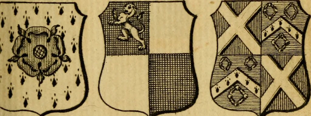 An illustration from The peerage of England : a complete view of the several orders of nobility ... together with an introduction, shewing the high and illustrious extraction of our most gracious sovereign: also an historical account of all the offices of state, usually filled by the nobility, the arms of the all the Lords spiritual and temporal, three useful plates teaching the art of heraldry, &c. &c. &c., 1766, leaf 52
