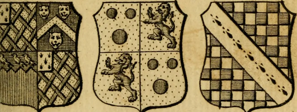 An illustration from The peerage of England : a complete view of the several orders of nobility ... together with an introduction, shewing the high and illustrious extraction of our most gracious sovereign: also an historical account of all the offices of state, usually filled by the nobility, the arms of the all the Lords spiritual and temporal, three useful plates teaching the art of heraldry, &c. &c. &c., 1766, leaf 52