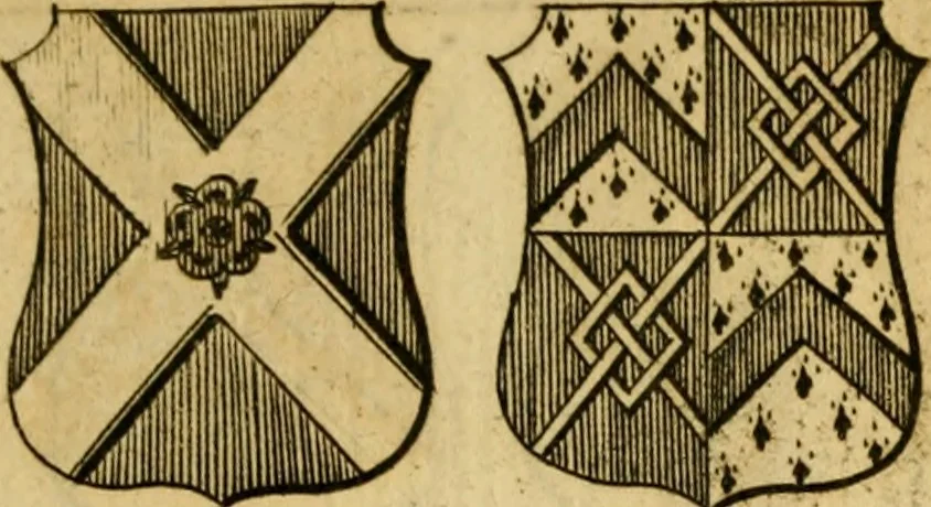 An illustration from The peerage of England : a complete view of the several orders of nobility ... together with an introduction, shewing the high and illustrious extraction of our most gracious sovereign: also an historical account of all the offices of state, usually filled by the nobility, the arms of the all the Lords spiritual and temporal, three useful plates teaching the art of heraldry, &c. &c. &c., 1766, leaf 54