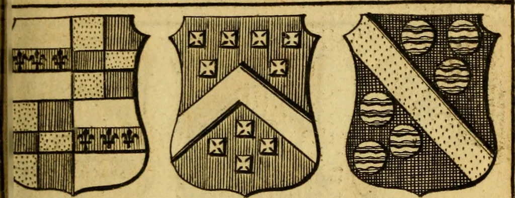 An illustration from The peerage of England : a complete view of the several orders of nobility ... together with an introduction, shewing the high and illustrious extraction of our most gracious sovereign: also an historical account of all the offices of state, usually filled by the nobility, the arms of the all the Lords spiritual and temporal, three useful plates teaching the art of heraldry, &c. &c. &c., 1766, leaf 54