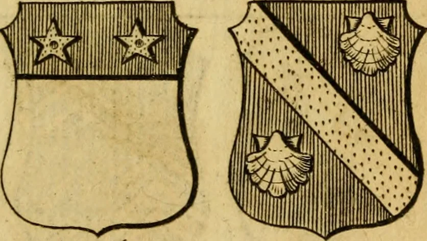 An illustration from The peerage of England : a complete view of the several orders of nobility ... together with an introduction, shewing the high and illustrious extraction of our most gracious sovereign: also an historical account of all the offices of state, usually filled by the nobility, the arms of the all the Lords spiritual and temporal, three useful plates teaching the art of heraldry, &c. &c. &c., 1766, leaf 54