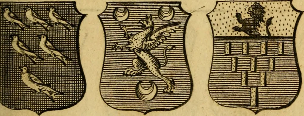 An illustration from The peerage of England : a complete view of the several orders of nobility ... together with an introduction, shewing the high and illustrious extraction of our most gracious sovereign: also an historical account of all the offices of state, usually filled by the nobility, the arms of the all the Lords spiritual and temporal, three useful plates teaching the art of heraldry, &c. &c. &c., 1766, leaf 54