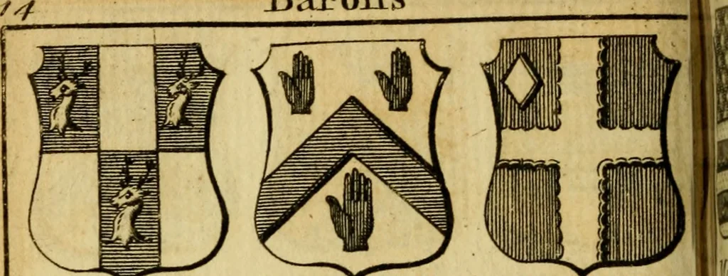 An illustration from The peerage of England : a complete view of the several orders of nobility ... together with an introduction, shewing the high and illustrious extraction of our most gracious sovereign: also an historical account of all the offices of state, usually filled by the nobility, the arms of the all the Lords spiritual and temporal, three useful plates teaching the art of heraldry, &c. &c. &c., 1766, leaf 55
