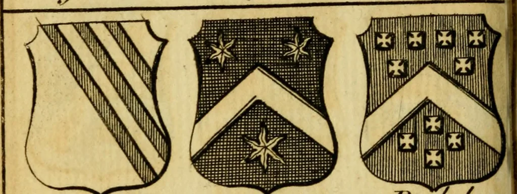 An illustration from The peerage of England : a complete view of the several orders of nobility ... together with an introduction, shewing the high and illustrious extraction of our most gracious sovereign: also an historical account of all the offices of state, usually filled by the nobility, the arms of the all the Lords spiritual and temporal, three useful plates teaching the art of heraldry, &c. &c. &c., 1766, leaf 55