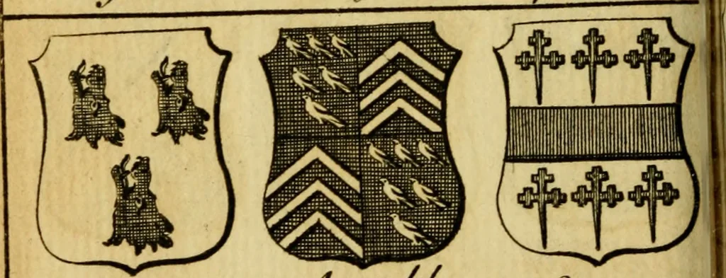 An illustration from The peerage of England : a complete view of the several orders of nobility ... together with an introduction, shewing the high and illustrious extraction of our most gracious sovereign: also an historical account of all the offices of state, usually filled by the nobility, the arms of the all the Lords spiritual and temporal, three useful plates teaching the art of heraldry, &c. &c. &c., 1766, leaf 55