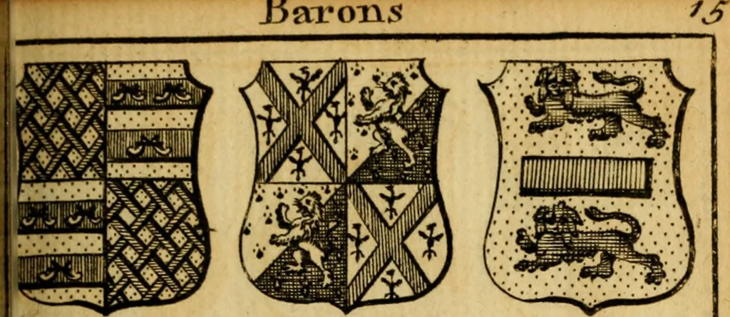 An illustration from The peerage of England : a complete view of the several orders of nobility ... together with an introduction, shewing the high and illustrious extraction of our most gracious sovereign: also an historical account of all the offices of state, usually filled by the nobility, the arms of the all the Lords spiritual and temporal, three useful plates teaching the art of heraldry, &c. &c. &c., 1766, leaf 56