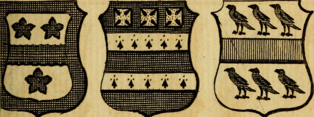 An illustration from The peerage of England : a complete view of the several orders of nobility ... together with an introduction, shewing the high and illustrious extraction of our most gracious sovereign: also an historical account of all the offices of state, usually filled by the nobility, the arms of the all the Lords spiritual and temporal, three useful plates teaching the art of heraldry, &c. &c. &c., 1766, leaf 56
