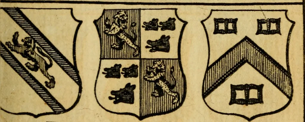An illustration from The peerage of England : a complete view of the several orders of nobility ... together with an introduction, shewing the high and illustrious extraction of our most gracious sovereign: also an historical account of all the offices of state, usually filled by the nobility, the arms of the all the Lords spiritual and temporal, three useful plates teaching the art of heraldry, &c. &c. &c., 1766, leaf 56