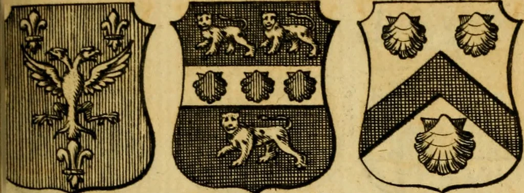An illustration from The peerage of England : a complete view of the several orders of nobility ... together with an introduction, shewing the high and illustrious extraction of our most gracious sovereign: also an historical account of all the offices of state, usually filled by the nobility, the arms of the all the Lords spiritual and temporal, three useful plates teaching the art of heraldry, &c. &c. &c., 1766, leaf 58