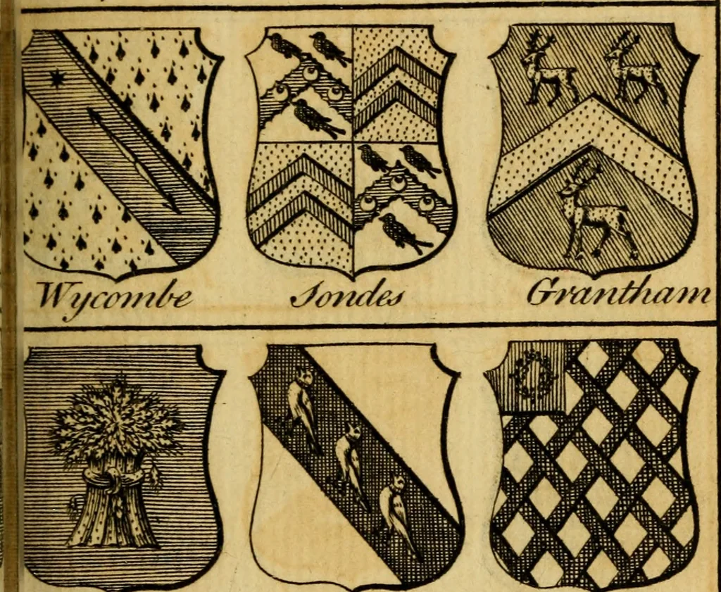 An illustration from The peerage of England : a complete view of the several orders of nobility ... together with an introduction, shewing the high and illustrious extraction of our most gracious sovereign: also an historical account of all the offices of state, usually filled by the nobility, the arms of the all the Lords spiritual and temporal, three useful plates teaching the art of heraldry, &c. &c. &c., 1766, leaf 58