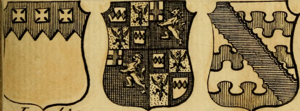 An illustration from The peerage of England : a complete view of the several orders of nobility ... together with an introduction, shewing the high and illustrious extraction of our most gracious sovereign: also an historical account of all the offices of state, usually filled by the nobility, the arms of the all the Lords spiritual and temporal, three useful plates teaching the art of heraldry, &c. &c. &c., 1766, leaf 58