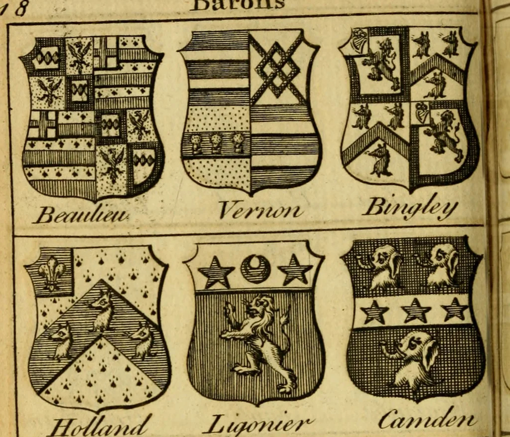 An illustration from The peerage of England : a complete view of the several orders of nobility ... together with an introduction, shewing the high and illustrious extraction of our most gracious sovereign: also an historical account of all the offices of state, usually filled by the nobility, the arms of the all the Lords spiritual and temporal, three useful plates teaching the art of heraldry, &c. &c. &c., 1766, leaf 59