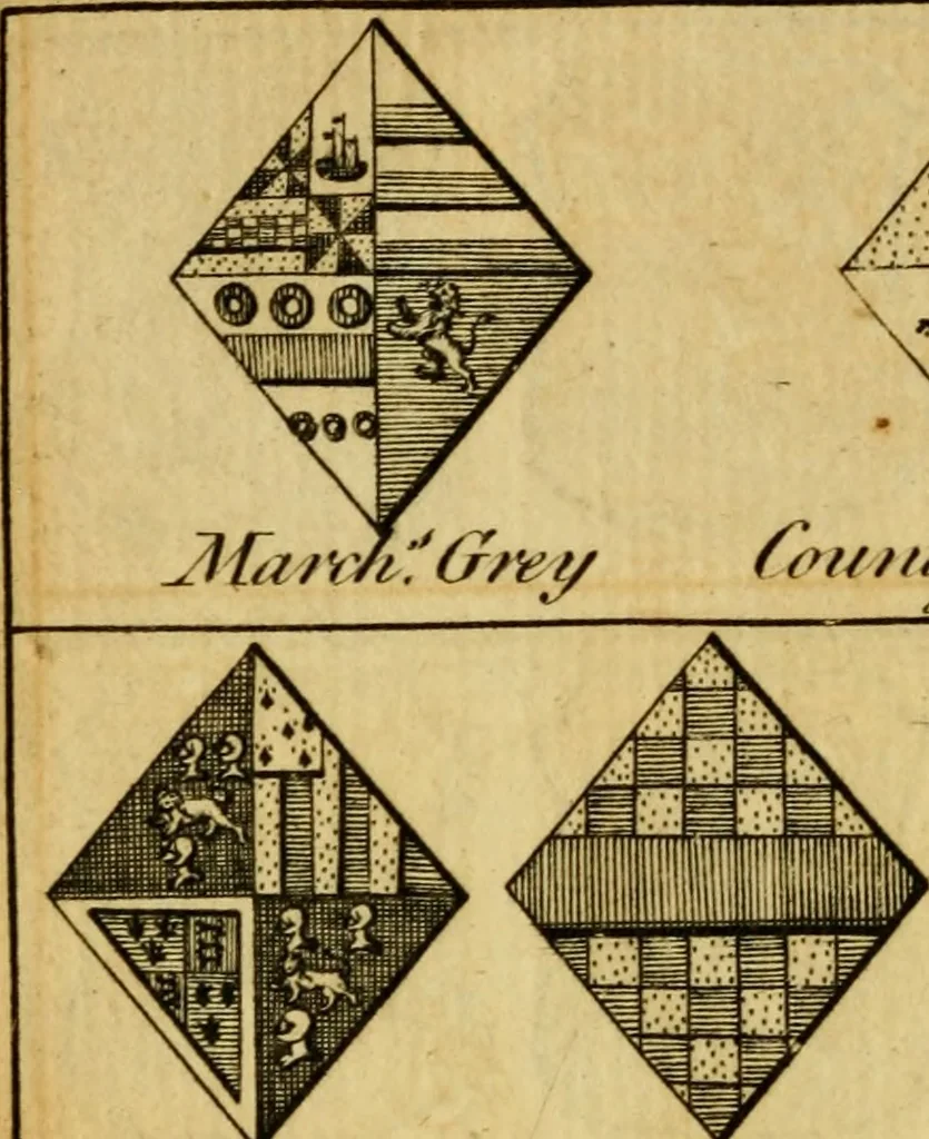 An illustration from The peerage of England : a complete view of the several orders of nobility ... together with an introduction, shewing the high and illustrious extraction of our most gracious sovereign: also an historical account of all the offices of state, usually filled by the nobility, the arms of the all the Lords spiritual and temporal, three useful plates teaching the art of heraldry, &c. &c. &c., 1766, leaf 61