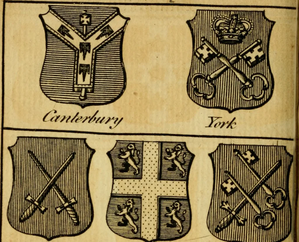 An illustration from The peerage of England : a complete view of the several orders of nobility ... together with an introduction, shewing the high and illustrious extraction of our most gracious sovereign: also an historical account of all the offices of state, usually filled by the nobility, the arms of the all the Lords spiritual and temporal, three useful plates teaching the art of heraldry, &c. &c. &c., 1766, leaf 63