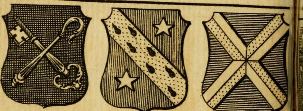 An illustration from The peerage of England : a complete view of the several orders of nobility ... together with an introduction, shewing the high and illustrious extraction of our most gracious sovereign: also an historical account of all the offices of state, usually filled by the nobility, the arms of the all the Lords spiritual and temporal, three useful plates teaching the art of heraldry, &c. &c. &c., 1766, leaf 63