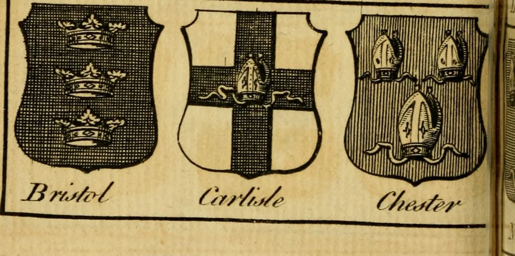 An illustration from The peerage of England : a complete view of the several orders of nobility ... together with an introduction, shewing the high and illustrious extraction of our most gracious sovereign: also an historical account of all the offices of state, usually filled by the nobility, the arms of the all the Lords spiritual and temporal, three useful plates teaching the art of heraldry, &c. &c. &c., 1766, leaf 63