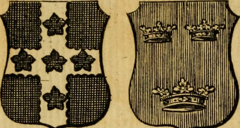 An illustration from The peerage of England : a complete view of the several orders of nobility ... together with an introduction, shewing the high and illustrious extraction of our most gracious sovereign: also an historical account of all the offices of state, usually filled by the nobility, the arms of the all the Lords spiritual and temporal, three useful plates teaching the art of heraldry, &c. &c. &c., 1766, leaf 64