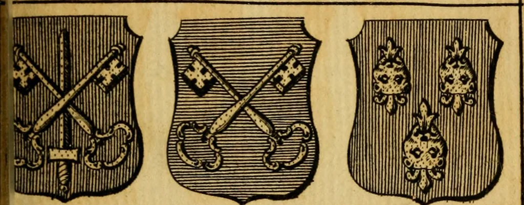 An illustration from The peerage of England : a complete view of the several orders of nobility ... together with an introduction, shewing the high and illustrious extraction of our most gracious sovereign: also an historical account of all the offices of state, usually filled by the nobility, the arms of the all the Lords spiritual and temporal, three useful plates teaching the art of heraldry, &c. &c. &c., 1766, leaf 64