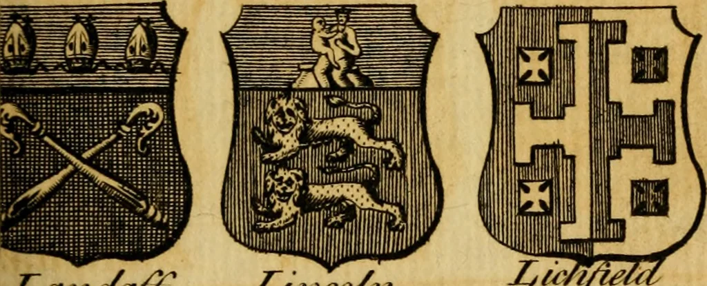 An illustration from The peerage of England : a complete view of the several orders of nobility ... together with an introduction, shewing the high and illustrious extraction of our most gracious sovereign: also an historical account of all the offices of state, usually filled by the nobility, the arms of the all the Lords spiritual and temporal, three useful plates teaching the art of heraldry, &c. &c. &c., 1766, leaf 64