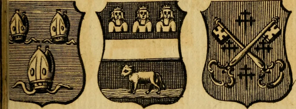 An illustration from The peerage of England : a complete view of the several orders of nobility ... together with an introduction, shewing the high and illustrious extraction of our most gracious sovereign: also an historical account of all the offices of state, usually filled by the nobility, the arms of the all the Lords spiritual and temporal, three useful plates teaching the art of heraldry, &c. &c. &c., 1766, leaf 64