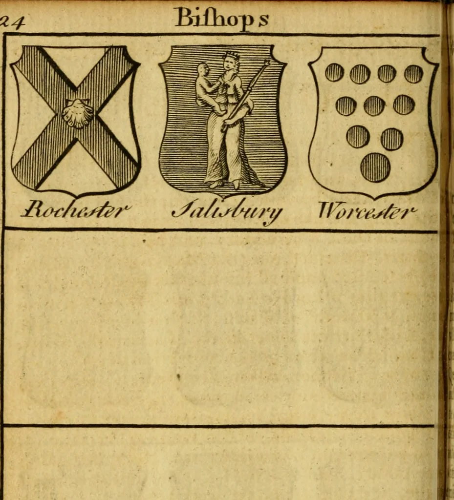 An illustration from The peerage of England : a complete view of the several orders of nobility ... together with an introduction, shewing the high and illustrious extraction of our most gracious sovereign: also an historical account of all the offices of state, usually filled by the nobility, the arms of the all the Lords spiritual and temporal, three useful plates teaching the art of heraldry, &c. &c. &c., 1766, leaf 65