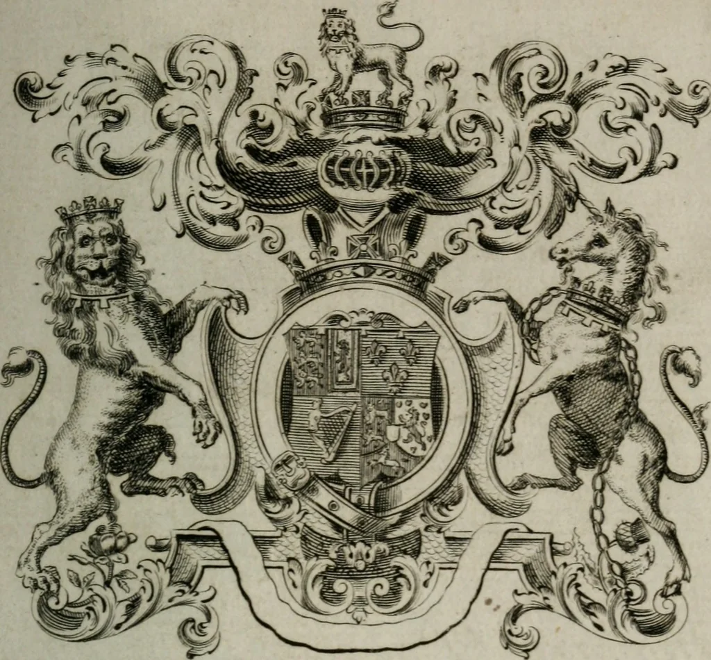 An illustration from The peerage of England : containing a genealogical and historical account of all the peers of England ... : collected from records, old wills, authentick manuscripts, our most approv'd historians, and other authorities, 1735, leaf 18
