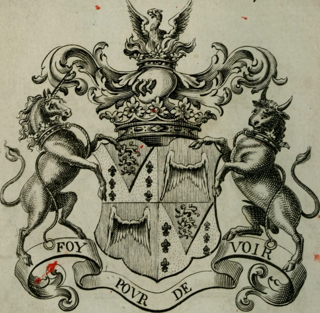An illustration from The peerage of England : containing a genealogical and historical account of all the peers of England ... : collected from records, old wills, authentick manuscripts, our most approv'd historians, and other authorities, 1735, leaf 19