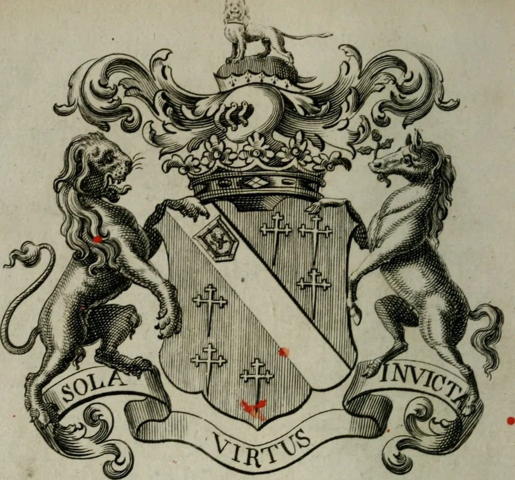 An illustration from The peerage of England : containing a genealogical and historical account of all the peers of England ... : collected from records, old wills, authentick manuscripts, our most approv'd historians, and other authorities, 1735, leaf 19