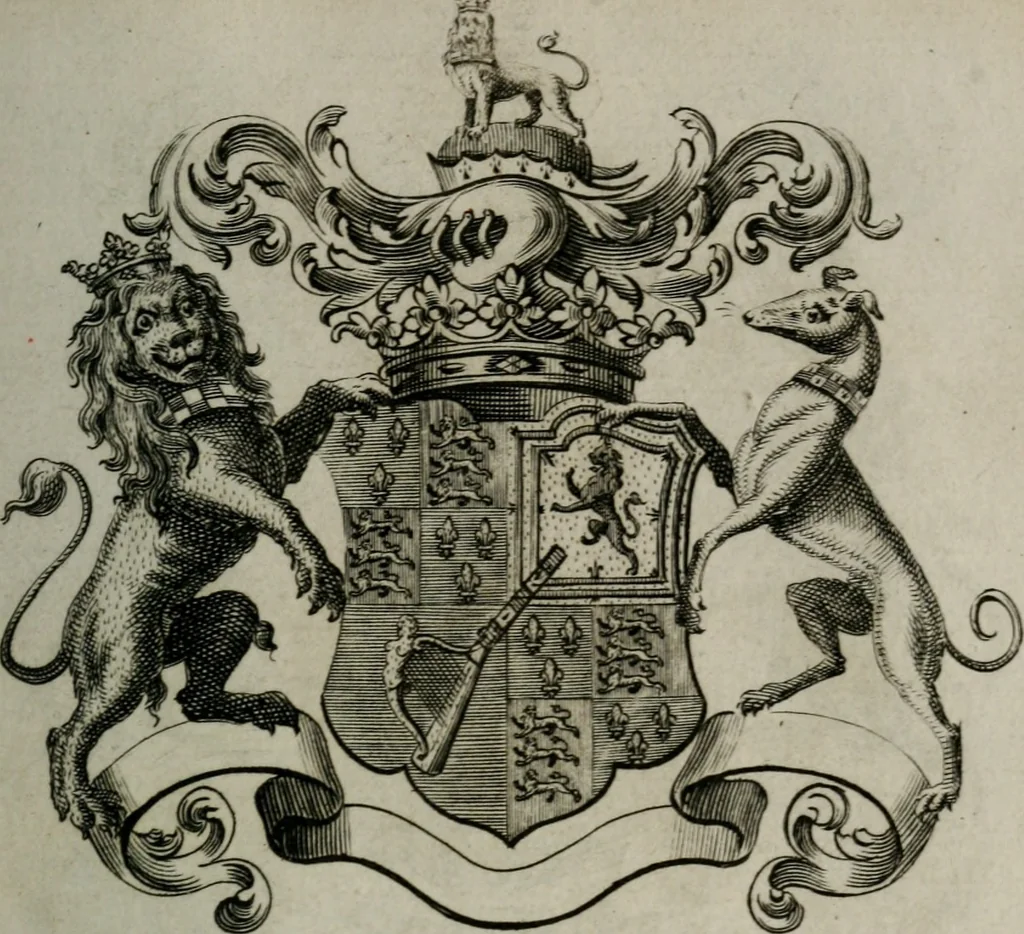 An illustration from The peerage of England : containing a genealogical and historical account of all the peers of England ... : collected from records, old wills, authentick manuscripts, our most approv'd historians, and other authorities, 1735, leaf 20