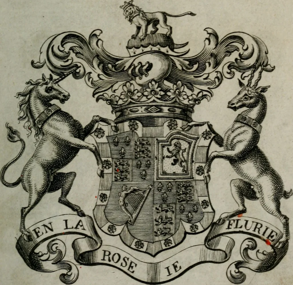 An illustration from The peerage of England : containing a genealogical and historical account of all the peers of England ... : collected from records, old wills, authentick manuscripts, our most approv'd historians, and other authorities, 1735, leaf 20