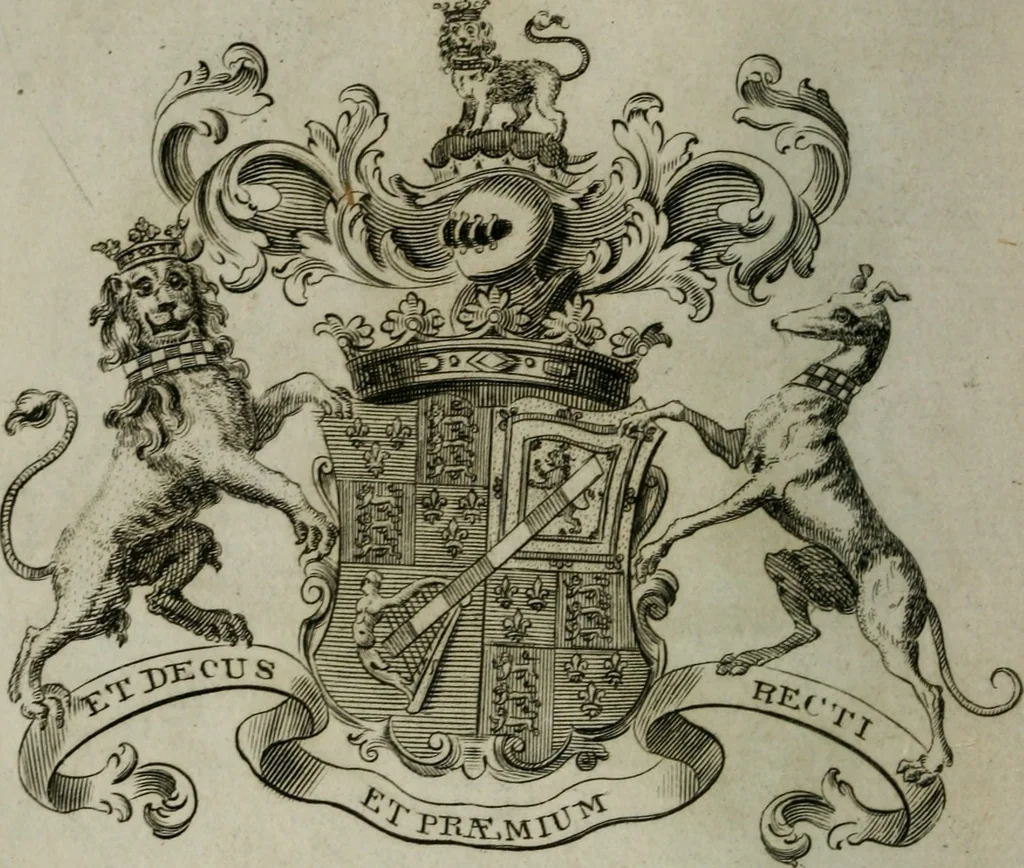 An illustration from The peerage of England : containing a genealogical and historical account of all the peers of England ... : collected from records, old wills, authentick manuscripts, our most approv'd historians, and other authorities, 1735, leaf 21