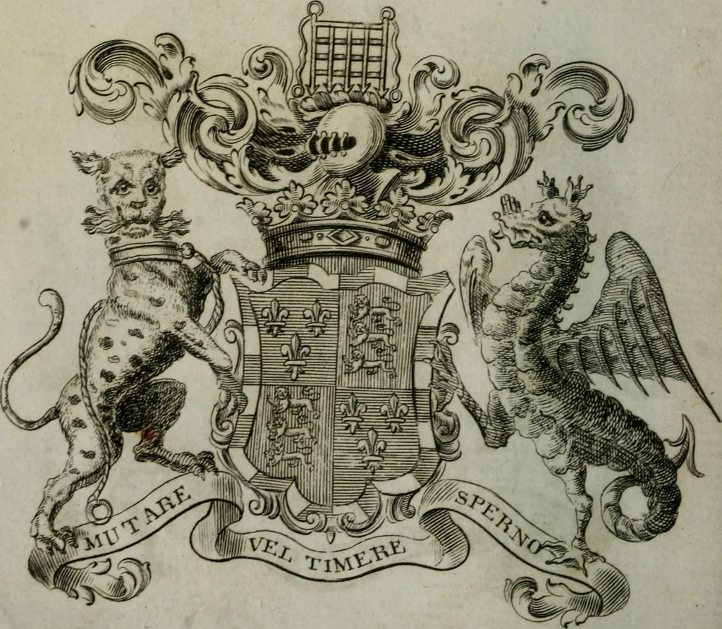 An illustration from The peerage of England : containing a genealogical and historical account of all the peers of England ... : collected from records, old wills, authentick manuscripts, our most approv'd historians, and other authorities, 1735, leaf 21