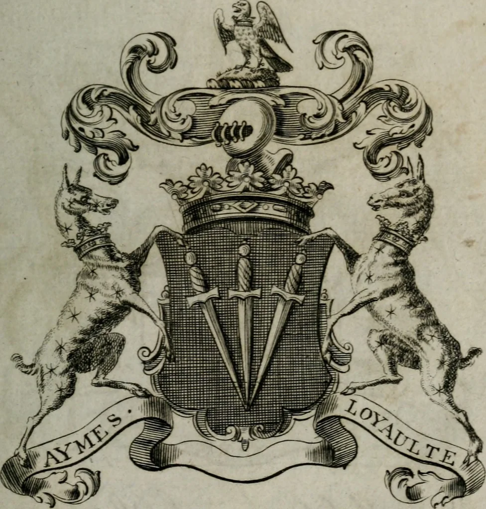 An illustration from The peerage of England : containing a genealogical and historical account of all the peers of England ... : collected from records, old wills, authentick manuscripts, our most approv'd historians, and other authorities, 1735, leaf 22