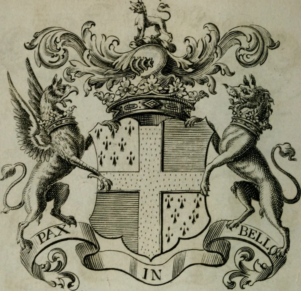 An illustration from The peerage of England : containing a genealogical and historical account of all the peers of England ... : collected from records, old wills, authentick manuscripts, our most approv'd historians, and other authorities, 1735, leaf 23