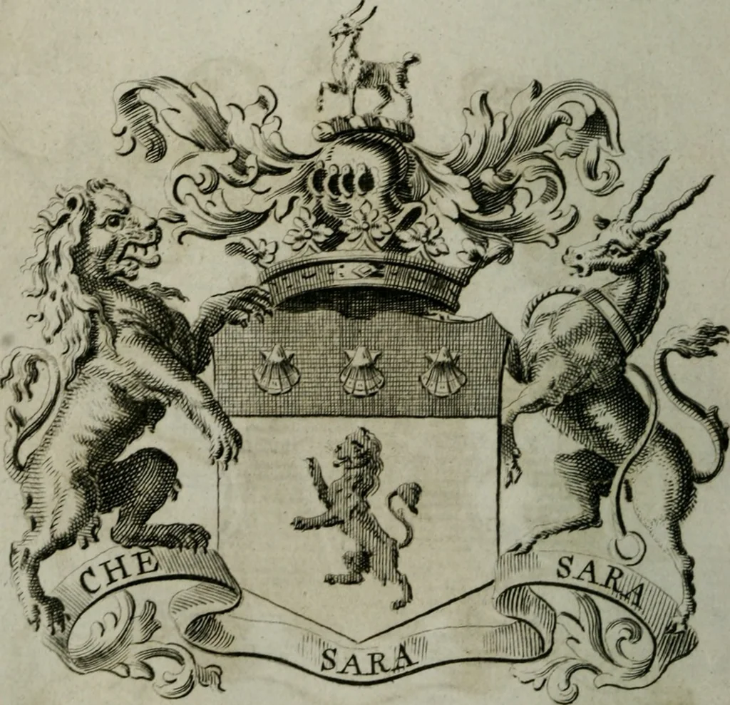 An illustration from The peerage of England : containing a genealogical and historical account of all the peers of England ... : collected from records, old wills, authentick manuscripts, our most approv'd historians, and other authorities, 1735, leaf 23