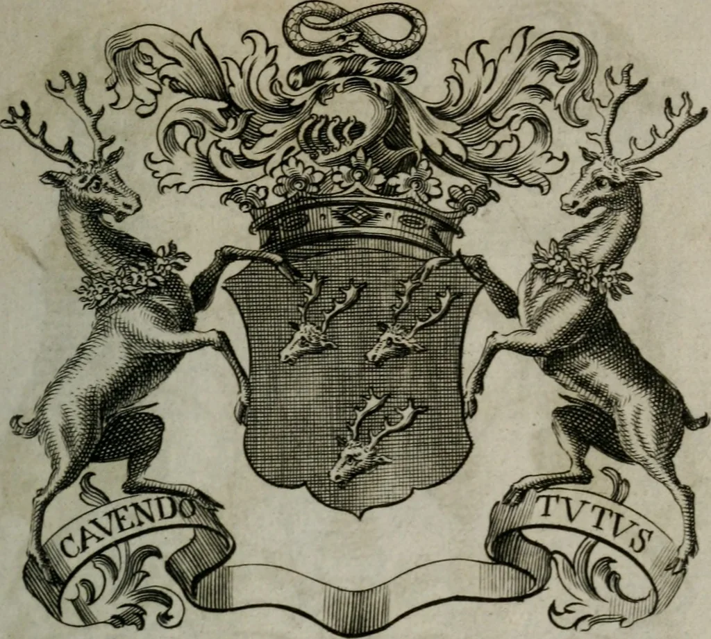 An illustration from The peerage of England : containing a genealogical and historical account of all the peers of England ... : collected from records, old wills, authentick manuscripts, our most approv'd historians, and other authorities, 1735, leaf 24