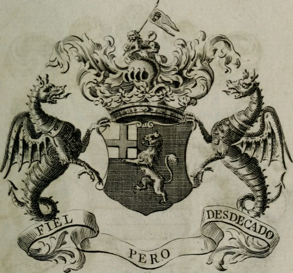 An illustration from The peerage of England : containing a genealogical and historical account of all the peers of England ... : collected from records, old wills, authentick manuscripts, our most approv'd historians, and other authorities, 1735, leaf 24
