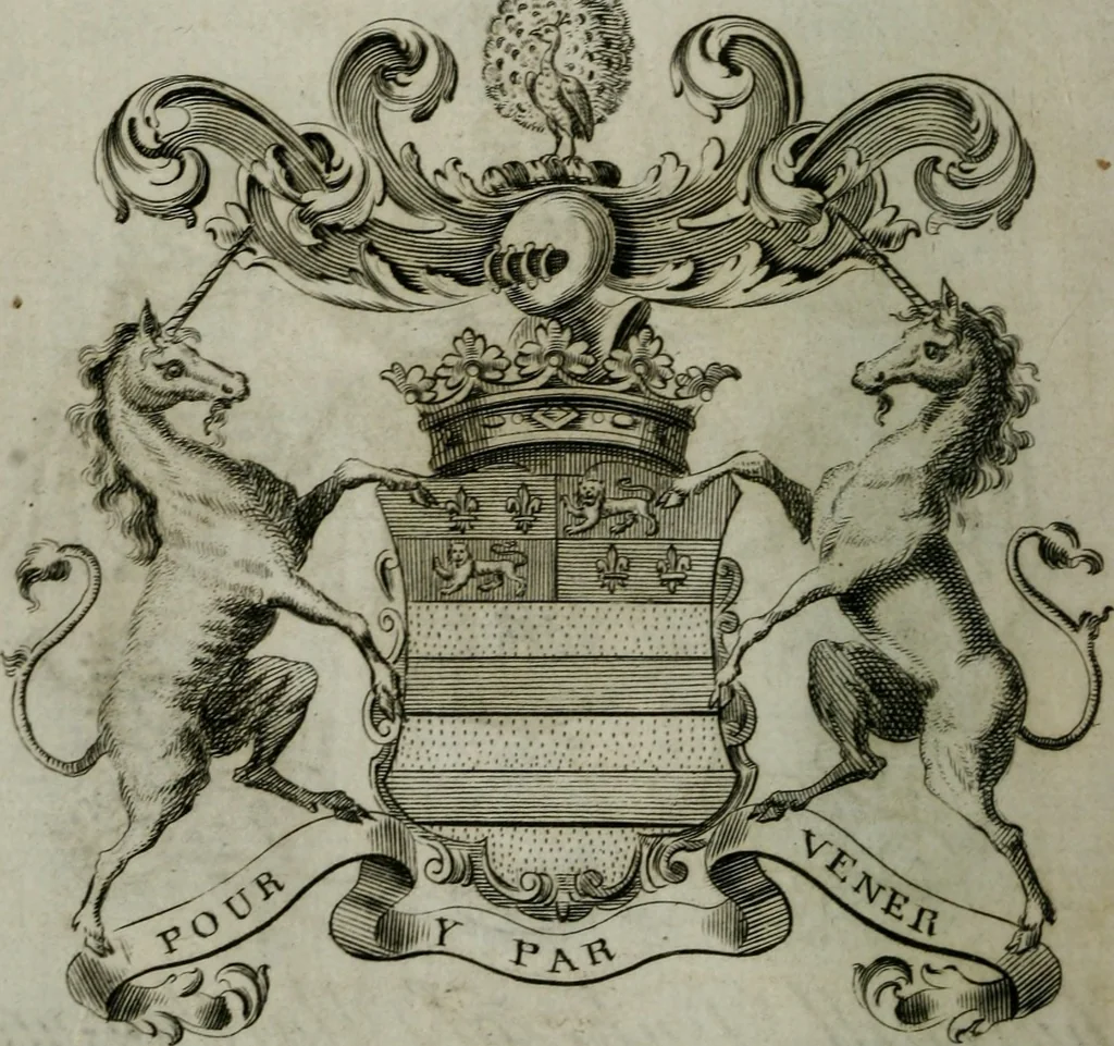 An illustration from The peerage of England : containing a genealogical and historical account of all the peers of England ... : collected from records, old wills, authentick manuscripts, our most approv'd historians, and other authorities, 1735, leaf 25