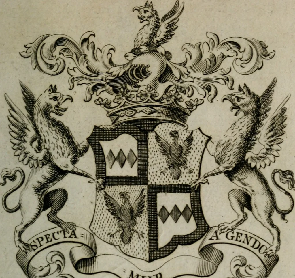 An illustration from The peerage of England : containing a genealogical and historical account of all the peers of England ... : collected from records, old wills, authentick manuscripts, our most approv'd historians, and other authorities, 1735, leaf 26