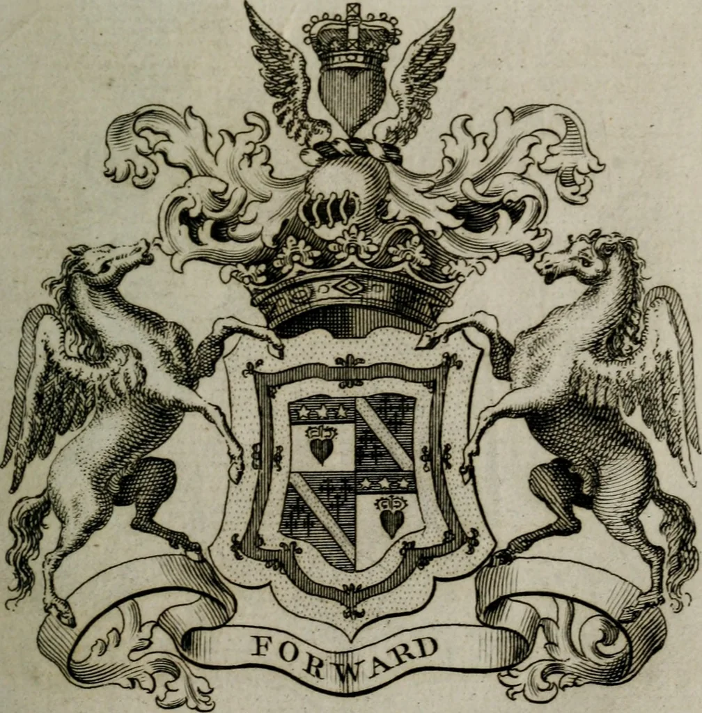 An illustration from The peerage of England : containing a genealogical and historical account of all the peers of England ... : collected from records, old wills, authentick manuscripts, our most approv'd historians, and other authorities, 1735, leaf 26